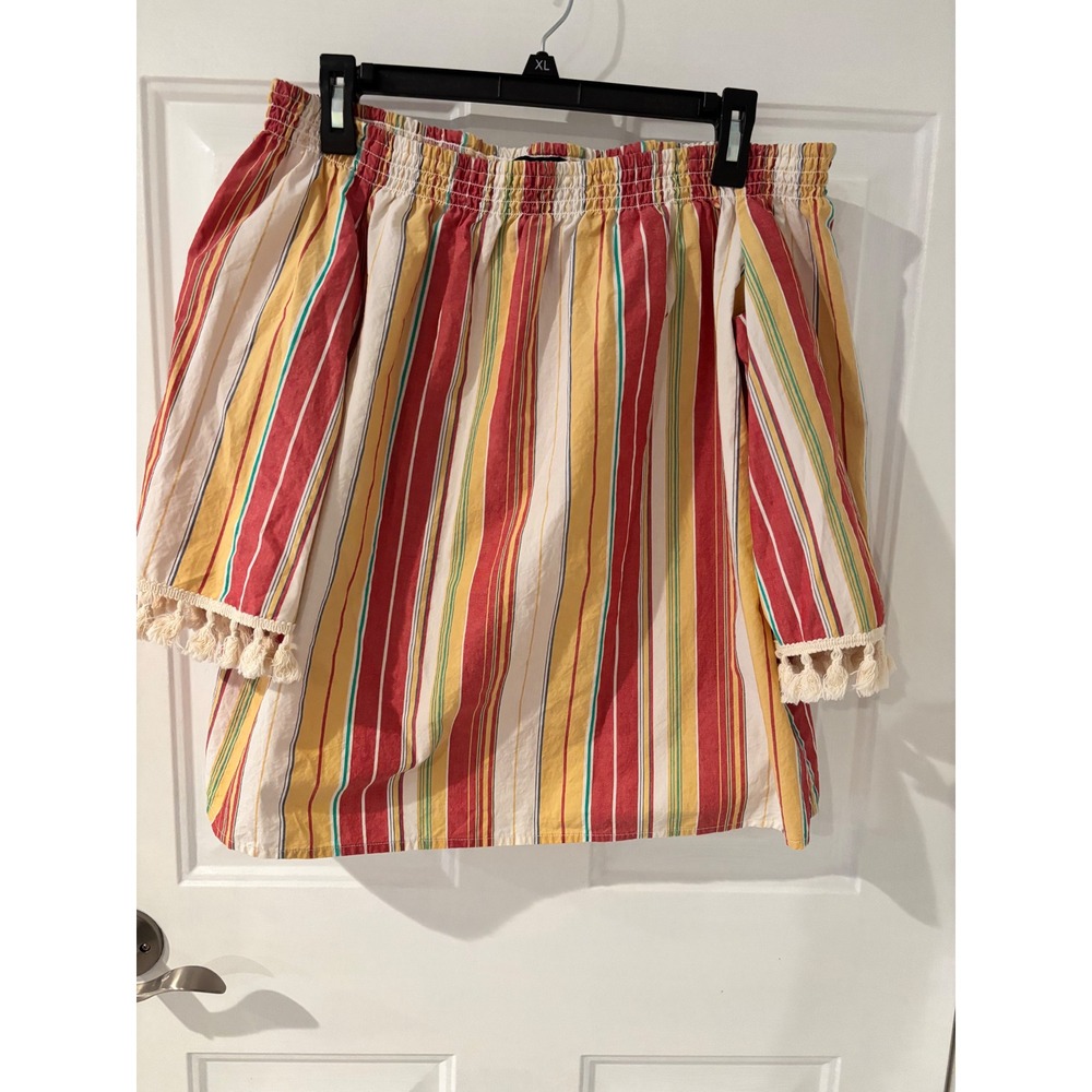 Wrangler Retro‎ Off Shoulder Striped Tassel Western Airy Boho Casual Summer Med